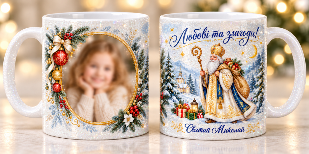 Чашка з фото на День Святого Ніколая — подарунок дитині, керамічний кухоль із персональним фотодруком Білла з блискітками Одеса - фото 1