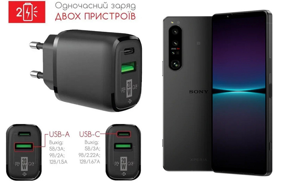 Сетевое зарядное устройство для Sony Xperia 1 IV, 20W 3A, Quick Charge 3.0 Киев - изображение 1