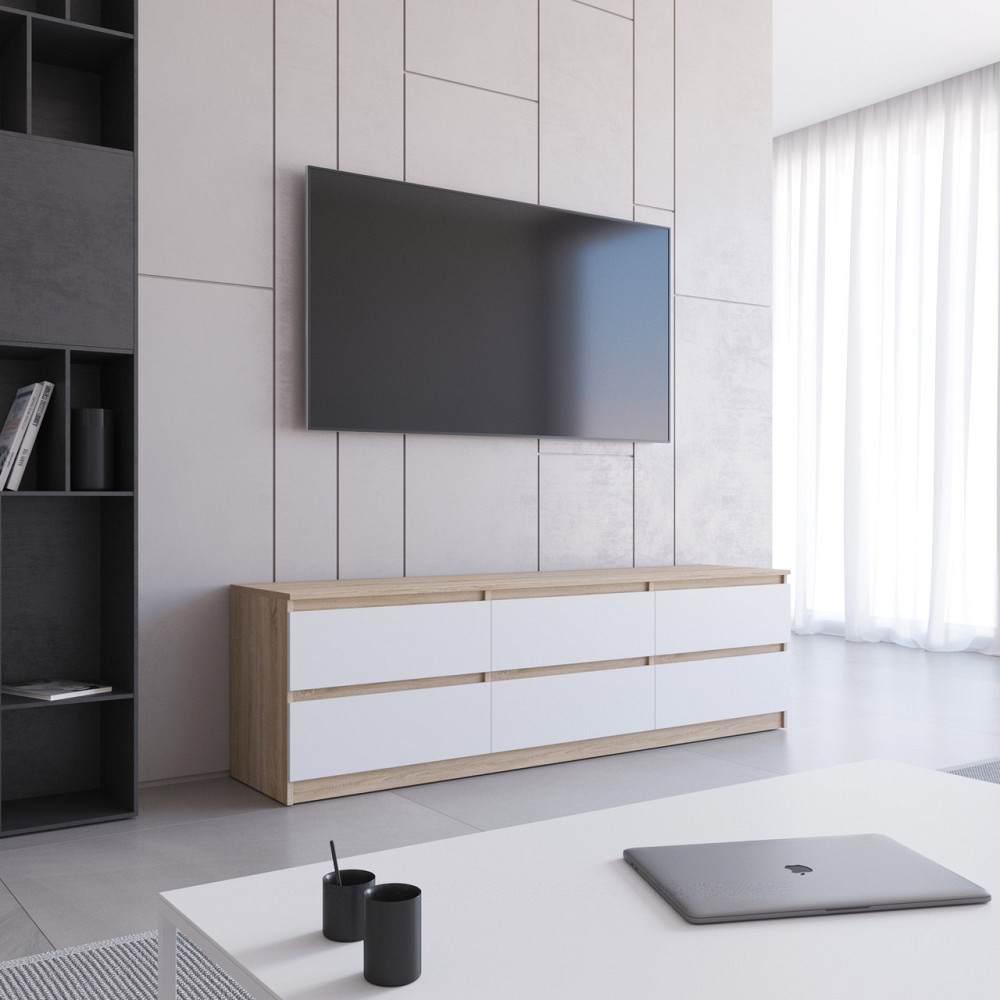 Тумба под телевизор VAYS R-12 Дуб Сонома-Белый фасад, 6 ящиков без ручек, ЛДСП, 180×40×53 см Львов - изображение 1