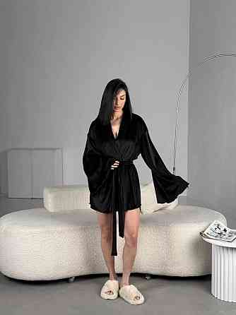 Жіночий домашній велюровий міні халат плюш велюр Чорний, 48/52 Одеса