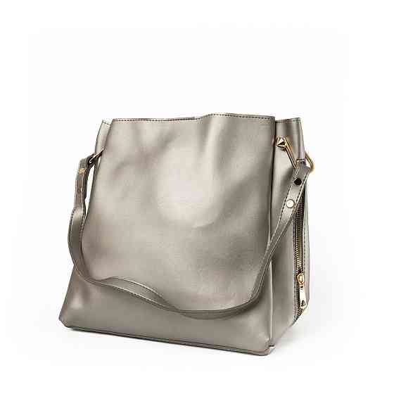 Сумка женская через плечо вместительная стильная из искусственной кожи с боковыми молниями, Стальной Каменец-Подольский