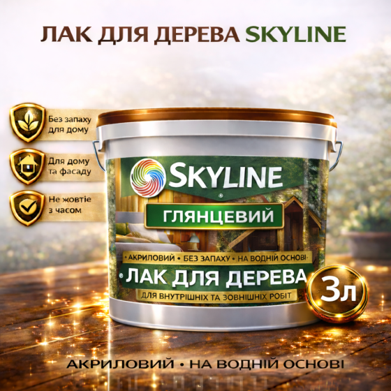 Лак для дерева Skyline глянцевий акриловий прозорий без запаху для внутрішніх та зовнішніх робіт 3 л Харків