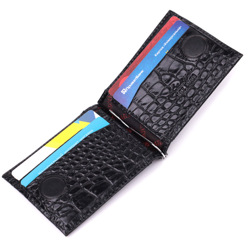 Удобный мужской зажим из натуральной фактурной кожи под крокодила Черный (KARYA) Киев - изображение 10