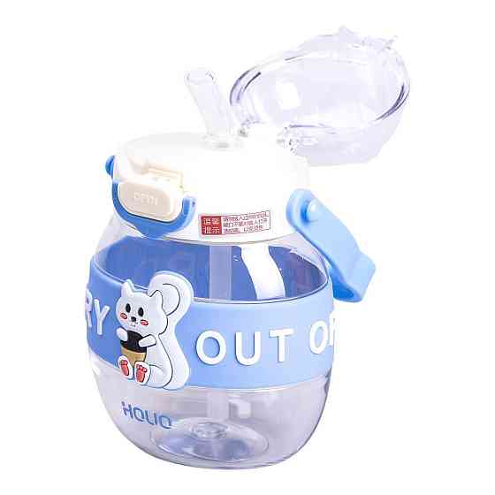 Пляшка для води дитяча з трубочкою 580 мл з ручкою та ремінцем 15 см Синя HP-14-37BL Київ