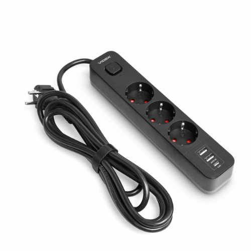 Мережевий подовжувач із заземленням 3 розетки/2USB-A/1Type-C 3м з кнопкою чорний VF-PD33G2U1C-B Oncord Videx Житомир