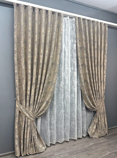 Комплект штор VR-Textil Жакард Мармур 150х270 2шт і Тюль 600х270 1144ш-1400т Кавово-сірий з білим 71-117/5 Київ - фото 2