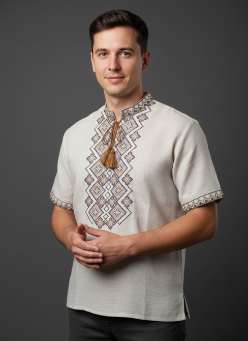 Льняная мужская вышиванка с коричневым орнаментом Праздничная 46 Киев - изображение 1
