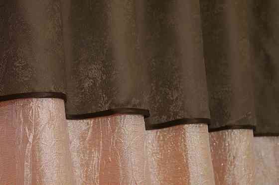 Кухонные шторы VR-Textil № 073к с ламбрекеном и подхватами персиковый с коричневым 260х170 см (52-0106) Киев