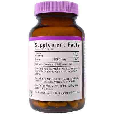 Вітамін Bluebonnet Nutrition Біотин (B7) 5000 мкг, Biotin, 120 вегетаріанських капсул (BLB0448) Вінниця