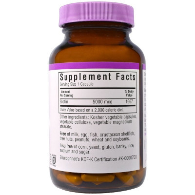 Вітамін Bluebonnet Nutrition Біотин (B7) 5000 мкг, Biotin, 120 вегетаріанських капсул (BLB0448) Вінниця - фото 2