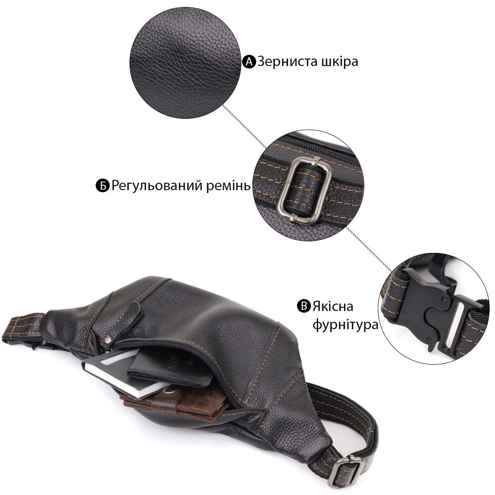 Привлекательная сумка-бананка для мужчин из натуральной зернистой кожи Shvigel 23127 Черный Киев - изображение 7