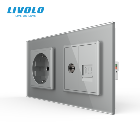 LIVOLO Розетка двомісна комбінована Силова Інтернет ТБ Livolo сірий скло (VL-C7C1EU1V1C-15) Коломия