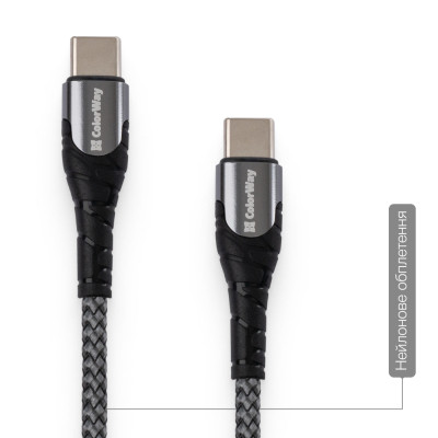 Дата кабель USB-C to USB-C 2.0m PD Fast Charging 65W 3A grey ColorWay (CW-CBPDCC039-GR) Винница - изображение 2