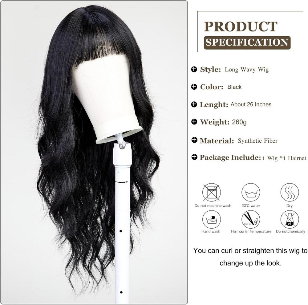 Довга чорна хвиляста жіноча перука з чубчиком UEVIES, 60 см, термостійка, синтетичне волосся 24" брюнетка Київ - фото 2