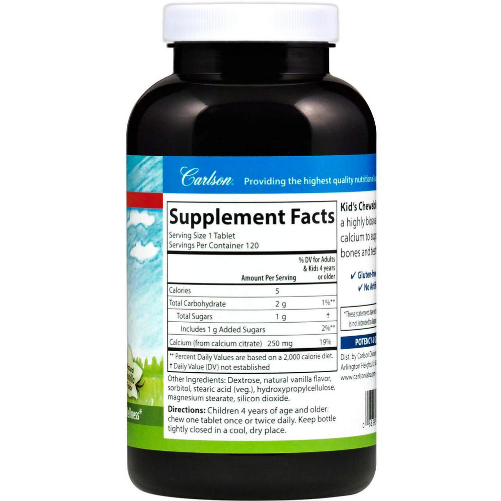 Жувальний кальцій для дітей Carlson Chewable Calcium 250 мг 120 таблеток Ваніль Київ - фото 2