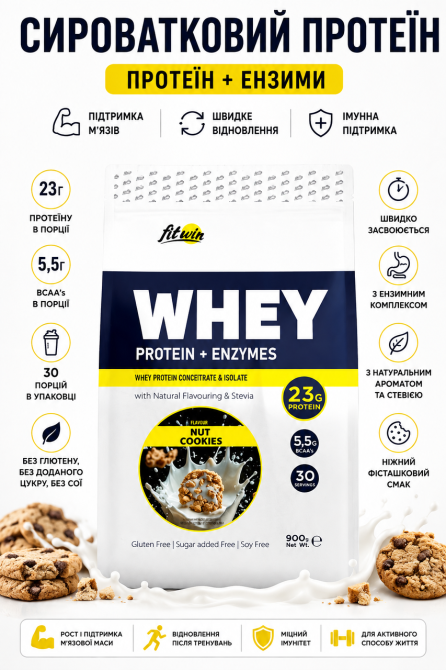 Сывороточный протеин FitWin Whey Protein + Enzymes 900 гр Ореховое печенье Киев - изображение 7