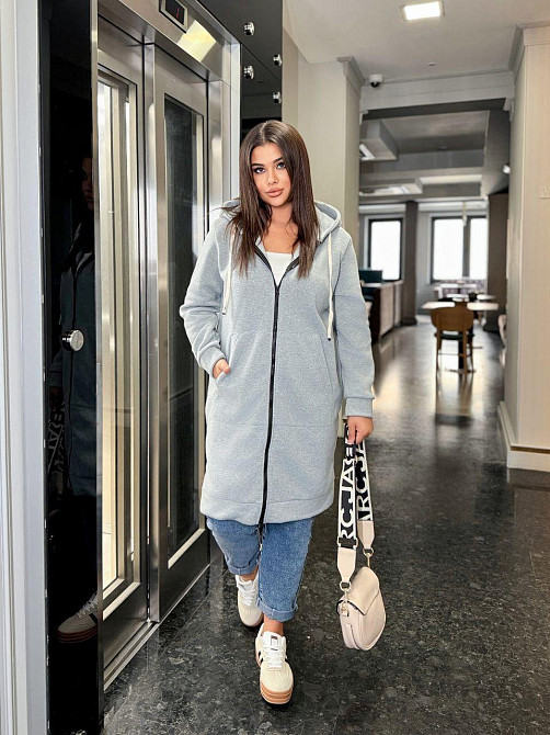 Жіноча тепла подовжена толстовка Oversize на блискавці тринитка на флісі Сірий, 42/46 Одеса - фото 4