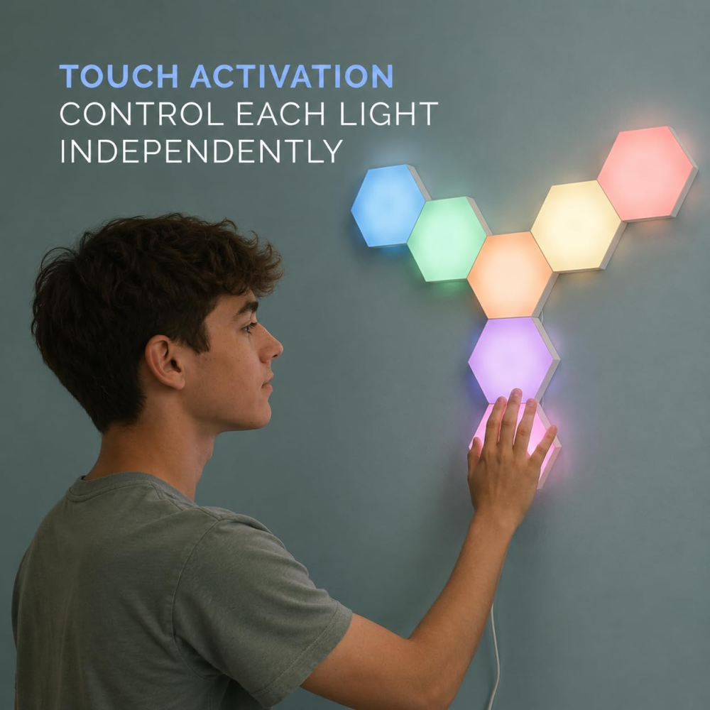 Сенсорні LED-світильники HEXlights, 7 шестикутних панелей, 13 кольорів, пульт ДК, настінні RGB-нічники Київ - фото 4