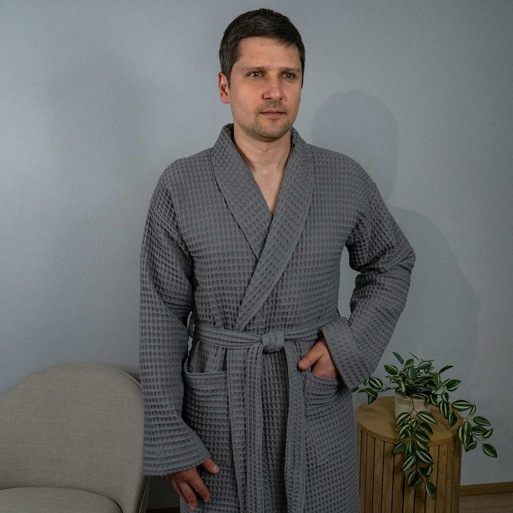 Вафельний халат чоловічий з коміром, довгим рукавом YouStar 100% бавовна 380 г/м2 (Сірий) M Суми - фото 6