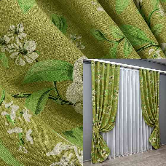 Комплект готових штор VR-Textil Льон з квітковим принтом "Прованс" № 1726ш Оливковий 200х265 см 2 шт (32-314) Київ