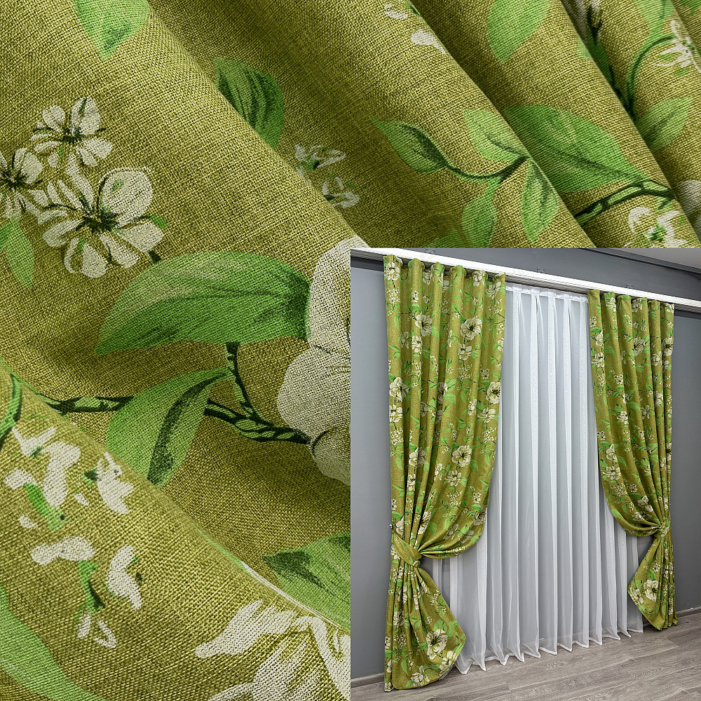 Комплект готових штор VR-Textil Льон з квітковим принтом "Прованс" № 1726ш Оливковий 200х265 см 2 шт (32-314) Київ - фото 1