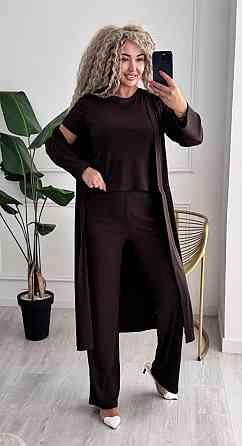 Женский базовый прогулочный костюм тройка: кардиган футболка и штаны трикотажный рубчик Шоколад, 50/52 Одесса