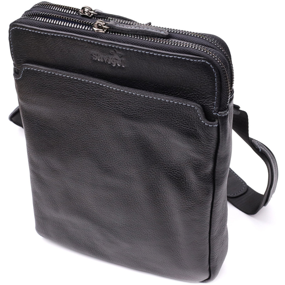 Стильная мужская сумка через плечо из мелкозернистой натуральной кожи Shvigel 20869_1 Черный Киев - изображение 1