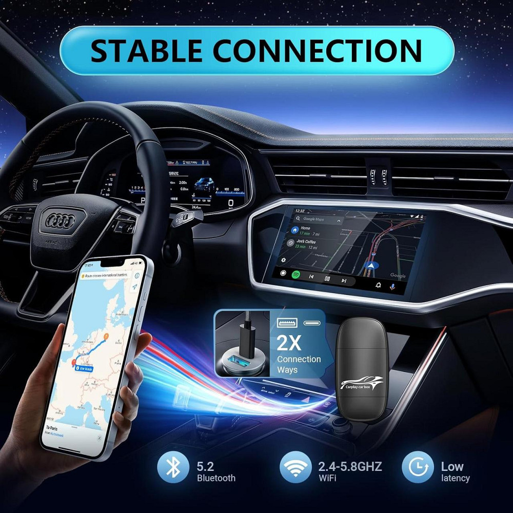 Адаптер бездротовий WCA-01 чорний конвертер дротового CarPlay в бездротовий Android Auto 5GHz WiFi Bluetooth 5.4 USB/Type-C iOS10+ Київ - фото 6