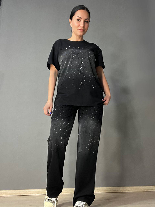 Костюм женский YUJIE YISHANG 7219 вареный тай дай футболка с брюками в камнях черный, черный, L Киев - изображение 1