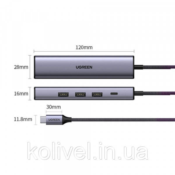 Хаб USB 3.0 Type-C -> 3xUSB 3.0 + RJ45 1000M CM475 Сірий UGREEN (20932) Київ - фото 4