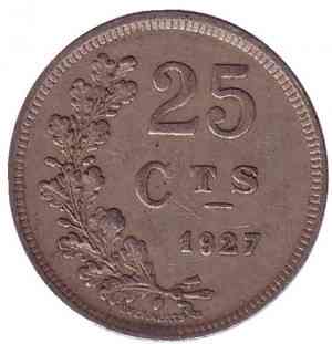 Монета 25 сантимів. 1927 рік, Люксембург. (АЗ) Полтава