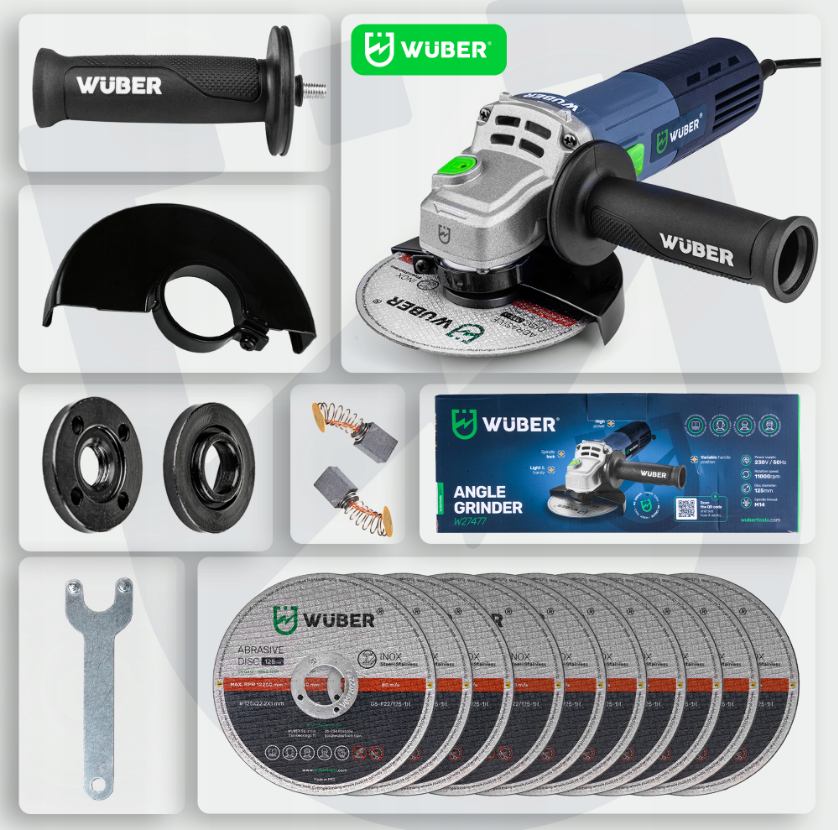 Болгарка (кутова шліфувальна машина) Wuber 1600Вт 125мм + набір 10 дисків 125мм (Польща) Київ - фото 7