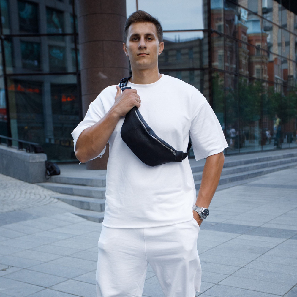 Сумка бананка мужская через плечо из натуральной кожи, вместительная на пояс, чернаяMasterSem Киев - изображение 4