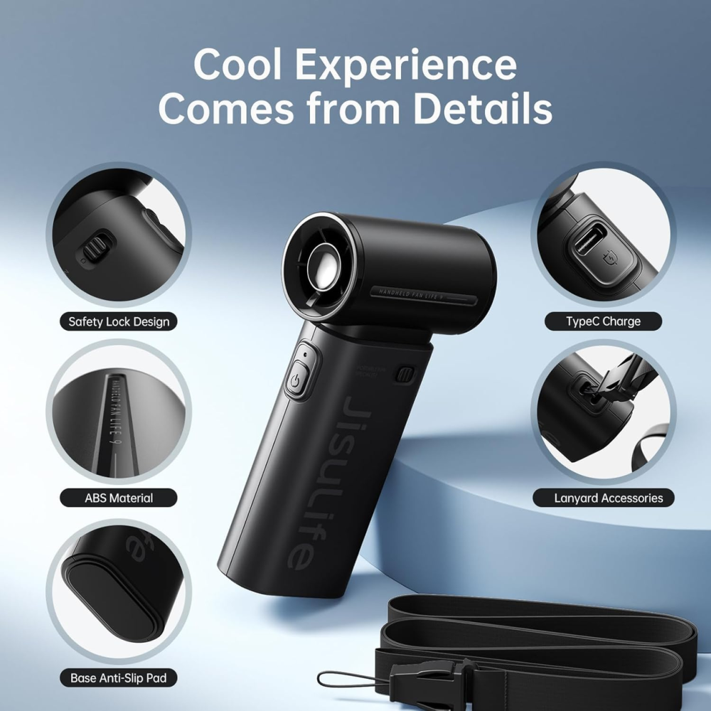 Портативний ручний турбовентилятор JISULIFE Life9 Black: 5000 мАг, до 18 год роботи, 5 швидкостей, 10 м/с, Чорний Київ - фото 8