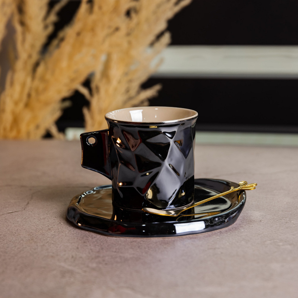 Yiwu Чашка порцелянова для кави 200 (мл) з блюдцем і ложкою, гарна чашка в подарунок Чорний FM- Коломия - фото 2
