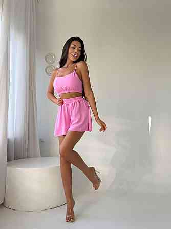 Женский летний прогулочный оверсайз костюм тройка: рубашка топ и шорты американский креп жатка Одесса