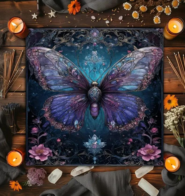 Алтарная скатерть с бабочкой и цветами для карт Таро и Рун. Скатерть для гадания 49*49 см. Киев - изображение 2