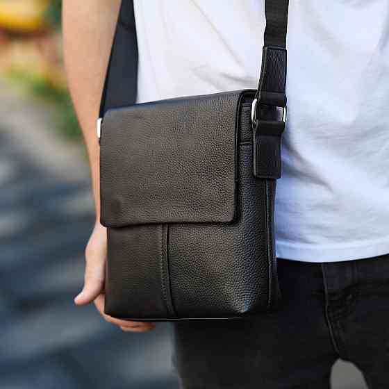 Кожаная мужская сумка-месенджер через плечо черная Tiding Bag 48450 Каменское