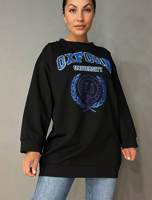 Свитшот женский LSK 6011 удлиненный оверсайз туника с вышивкой Oxford, черный, one size Киев - изображение 15