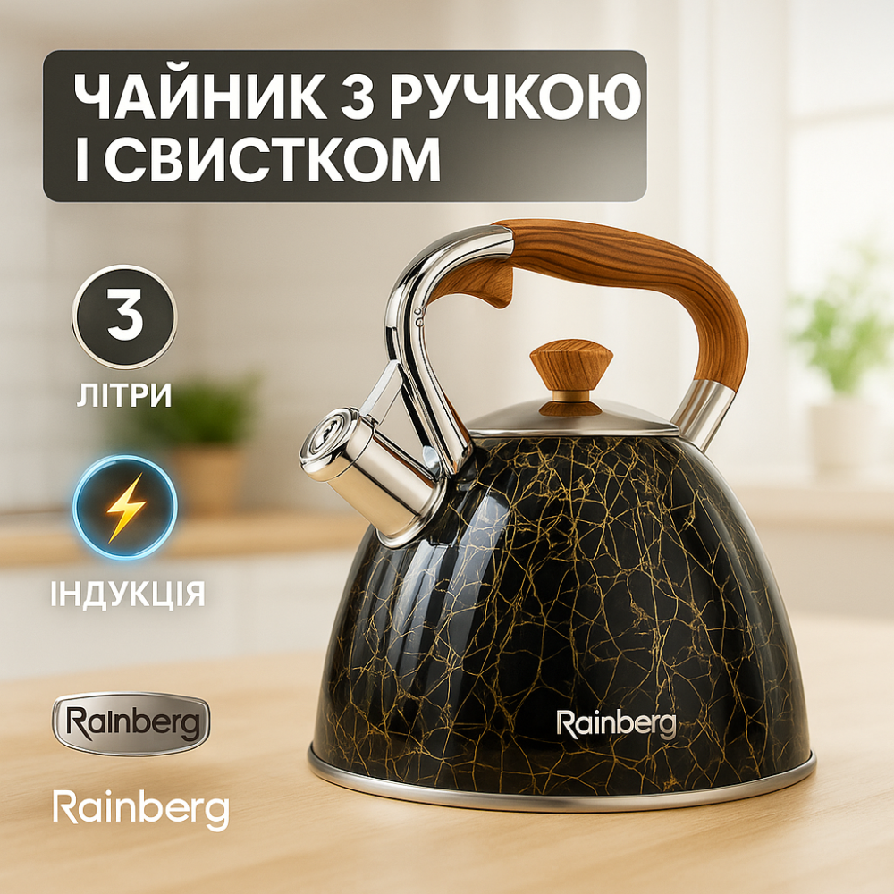 Чайник зі свистком для дому Rainberg RB-2311 3л, Металевий чайник зі свистком з нержавіючої сталі PT-39 Львів - фото 9
