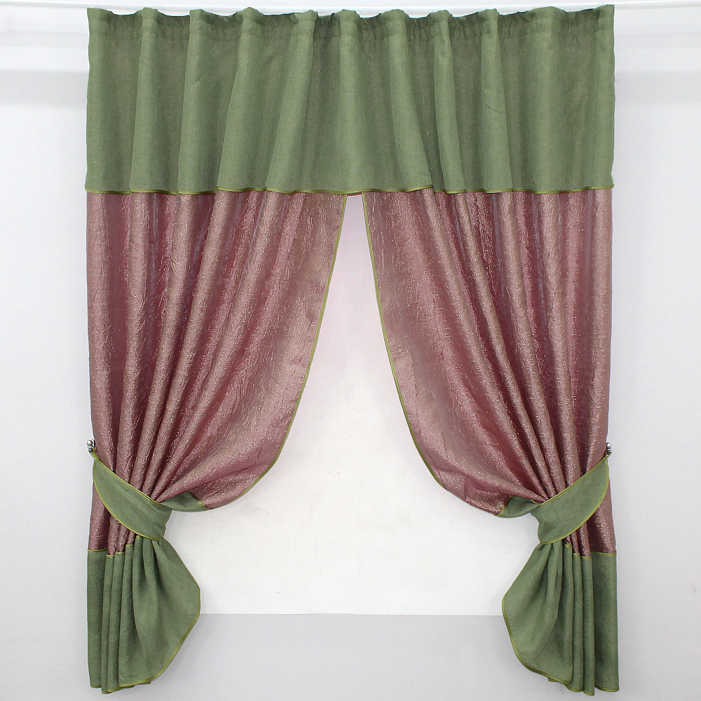 Кухонные шторы VR-Textil № 073к с ламбрекеном и подхватами розово-золотистый с оливковым 270х170 см (52-0382) Киев - изображение 1