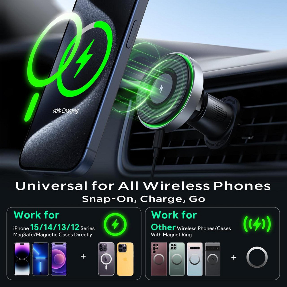 Магнітний автомобільний тримач з бездротовою зарядкою MagSafe 15W USB-C для iPhone 16/15/14/13 Pro Max і Samsung Київ - фото 6