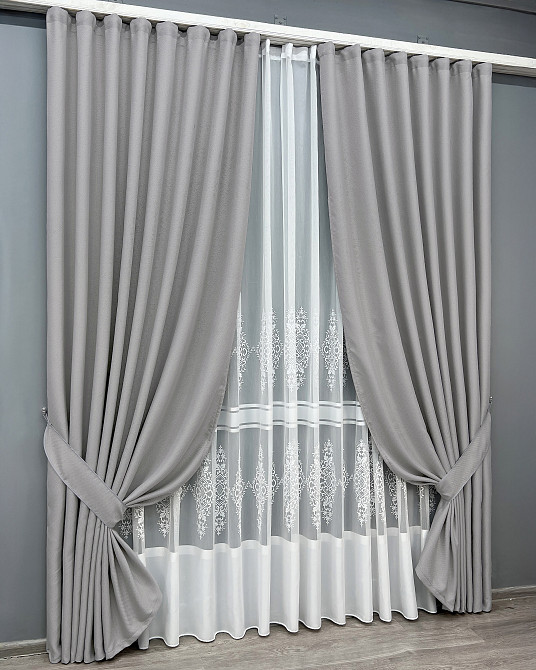 Комплект штор VR-Textil Лен Мешковина 200х270 2шт и Тюль 500х270 867ш-1703т Светло-серый с белым 71-180/6 Киев - изображение 10
