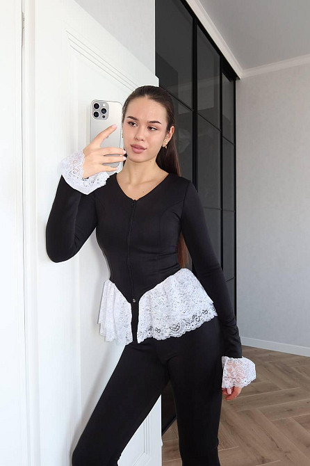 Жіночий елегантний костюм-двійка: кофта з мереживом і штани-кльош дайвінг+францеузське мереживо Білий, 42/44 Одеса - фото 7