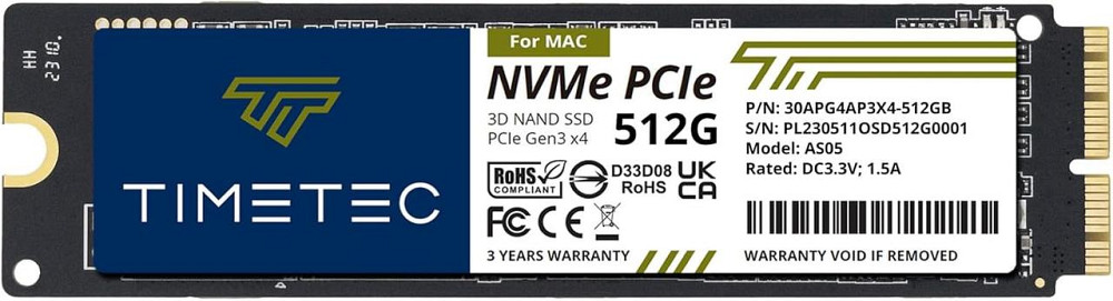 Timetec 512GB NVMe PCIe Gen3x4 SSD для MacBook Air/Pro iMac Mac Pro 2013–2019 черный Киев - изображение 1