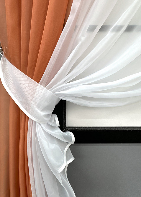 Кухонні шторки VR-Textil № 096к з підв'язками кораловий з білим 400х170 см (52-1193) Київ - фото 3