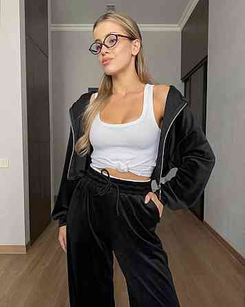 Женский прогулочный костюм двойка: кофта и штаны велюр спорт Черный, 44/46 Одесса