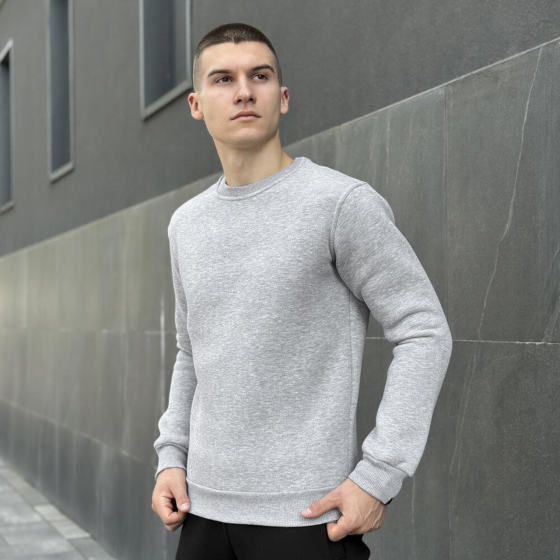 Чоловічий світшот Pobedov теплий модний без капюшона на зиму однотонний Сірий меланж Одеса