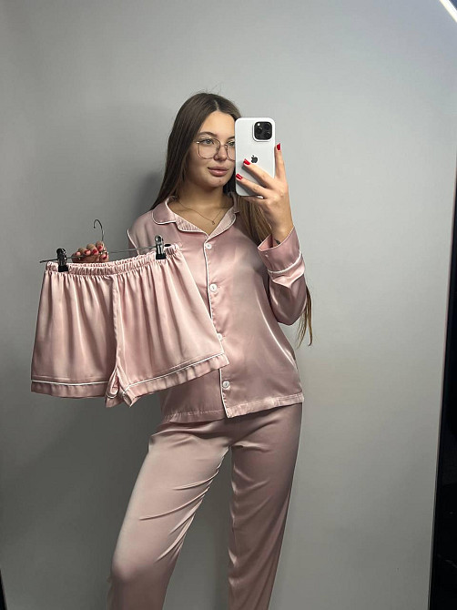 Комплект шовковий трійка сорочка з шортами і штанами Пудровий XL Харків - фото 1