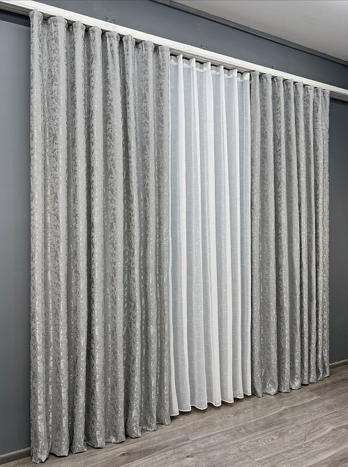 Комплект штор VR-Textil Льон Мармур 150х270 2шт і Тюль 600х270 1263ш-115т Світло-сірий з білим 71-125/5 Київ - фото 3